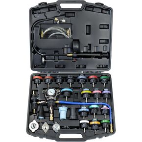 Radiator Pressure Tester Pneumatic Vacuum Type Purge Refill Kit Universal Automotive Cooling System Water Tank Leak Test and Coolant Fill Tool 28PCS Set with Adapters Gauge Black Case