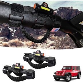 2 Pack Grab Handles Roll Bar Paracord for Jeep Wrangler Accessories Sahara Freedom Rubicon CJ YJ TJ JL JK LJ JLU JKU,Gladiator JT 1955-2023 Interior Accessory,Grip Handle with LED Light(Black)
