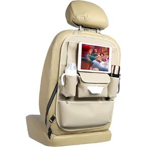 Car Seat Organizers Waterproof Backseat Protector with Storage Pocket Large Leather Kick Mats for Kids Pets Automobile SUV Truck (Beige, Large Pocket)
