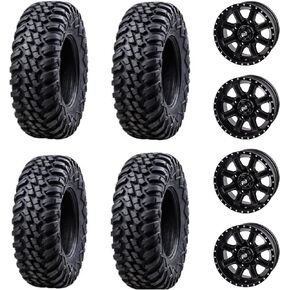 Tusk Racing Four 30x10-14 Tusk TERRABITE 8-Ply Radial UTV Tires mounted on Tusk CASCADE Wheels - CAN-AM MAVERICK DEFENDER COMMANDER - Includes Lug Nuts (4+3 Wheel Offset, Machined/Black)