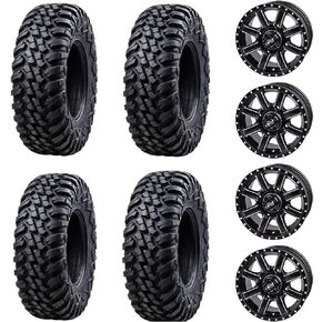 Tusk Racing Four 28x10-14 Tusk TERRABITE Heavy Duty 8-Ply Radial UTV Tires mounted on Tusk CASCADE Wheels - For HONDA PIONEER 1000 1000-5 - Includes Lug Nuts (4+3 Wheel Offset, Machined/Black)
