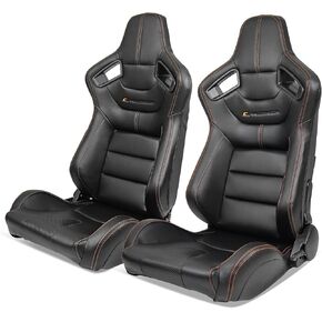 IKON MOTORSPORTS, Universal Racing Seats Pair with Dual Sliders, Black with Orange Stitch PU & Carbon Leather Reclinable Left Right in Kuwait