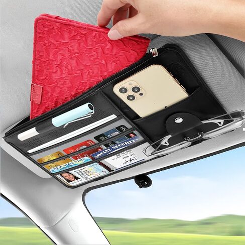 Car Sun Visor Organizer - Car Truck Interior Accessories Visor Holder Document Wallet Multi-Pocket Zipper Glasses clip Storage Pocket（Shallow Khaki） in Kuwait