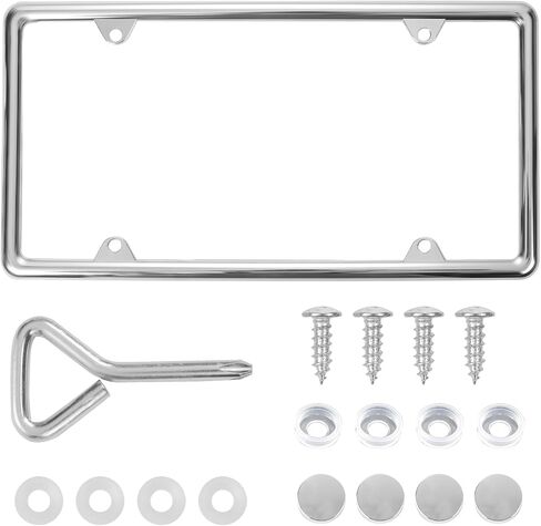 Hanwell Products Chrome License Plate Frame Made of Zinc Alloy Metal, Universal Car Accessories, 1Pack License Plate Holder Never Rust and Unbreakable with Metal Screws, Chrome Plastic Caps and Tool in Kuwait