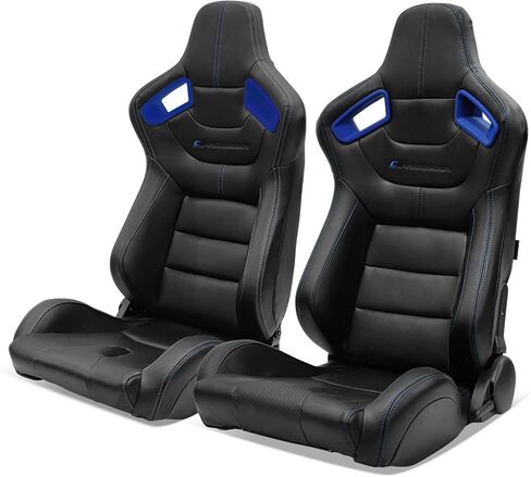 IKON MOTORSPORTS, Universal Racing Seats Pair with Dual Sliders, Black with Orange Stitch PU & Carbon Leather Reclinable Left Right in Kuwait