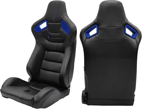 IKON MOTORSPORTS, Universal Racing Seats Pair with Dual Sliders, Black with Orange Stitch PU & Carbon Leather Reclinable Left Right in Kuwait