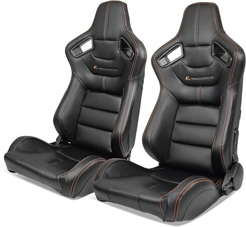 IKON MOTORSPORTS, Universal Racing Seats Pair with Dual Sliders, Black with Orange Stitch PU & Carbon Leather Reclinable Left Right in Kuwait
