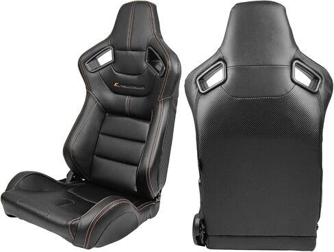 IKON MOTORSPORTS, Universal Racing Seats Pair with Dual Sliders, Black with Orange Stitch PU & Carbon Leather Reclinable Left Right in Kuwait