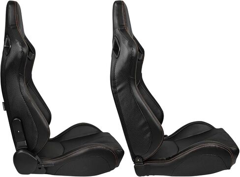 IKON MOTORSPORTS, Universal Racing Seats Pair with Dual Sliders, Black with Orange Stitch PU & Carbon Leather Reclinable Left Right in Kuwait