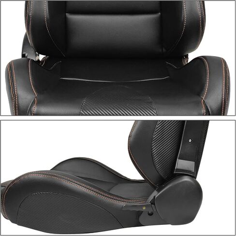 IKON MOTORSPORTS, Universal Racing Seats Pair with Dual Sliders, Black with Orange Stitch PU & Carbon Leather Reclinable Left Right in Kuwait