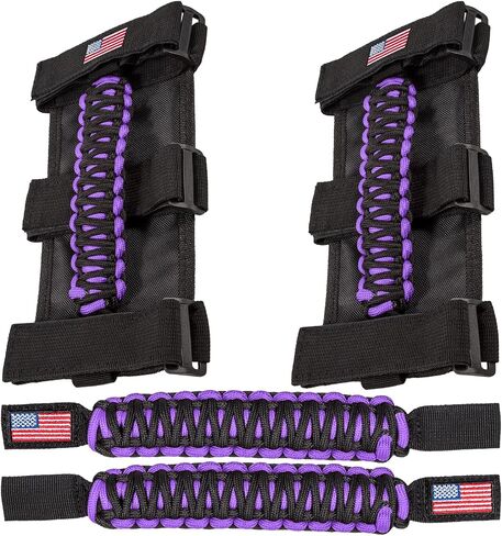 مقابض قضيب التدحرج + مقبض مسند الرأس لسيارة جيب رانجلر YJ TJ JK JKU JL JLU Sport Sahara Freedom Rubicon Unlimited X Gladiator JT 1955-2022 UTV ATV Premium Paracord علم الولايات المتحدة (4 عبوات أرجوانية) in Kuwait