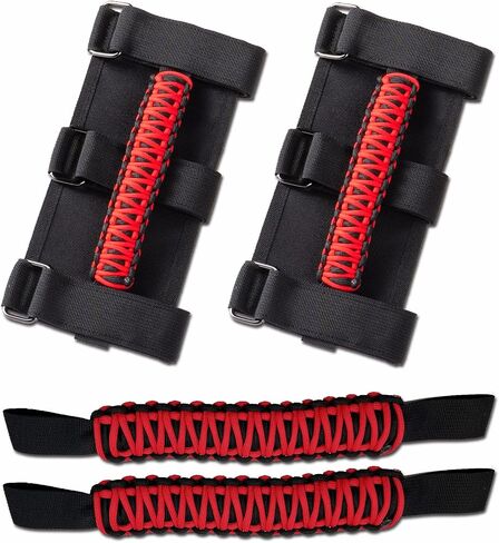Grab Handles Set, Include Roll Bar Grab Handles 2Pcs and Headrest Grab Handles 2Pcs, Paracord Grab Handles Auto Accessories Fit 1955-2023 Jeep Wrangler CJ Y TJ JK JKU JL JLU & Jeep Gladiator, Red in Saudi Arabia