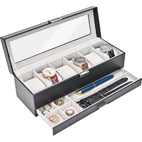 ProCase Watch Box Organizer for Men, 6 Slot Watch Display Case with Drawer, Mens Watch Box Watch Case Holder, 6 Watch Box Double-layer Jewelry and Watch Storage Case with Glass Lid -Espresso in Kuwait