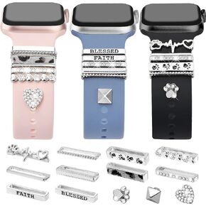 JR.DM 13 Pieces Silver Watch Band Charms with 10-Pcs Decorative Rings Loops & 3-Pcs Classic Clasp, Compatible with Apple Watch 38mm 40mm 41mm 42mm 44mm 45mm Metal Diamond Sliding Strap Accessories for iWatch Series 9 8 7 6 5 4 3 2 1