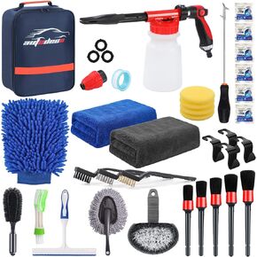 AUTODECO 33Pcs Car Wash Detailing Kit Cleaning Kits with Foam Gun Sprayer Brush Large Wash Mitt Towels Complete Interior Exterior Car Washing Supply Set Blue