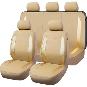 Flying Banner car seat Covers Protects Water Proof Faux Leather Carbon Fiber Fronts Golden Beige (Beige Golden, Front Pair)
