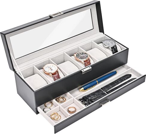 منظم صندوق ساعة ProCase للرجال، حافظة عرض للساعة ذات 6 فتحات مع درج، حامل علبة ساعة للرجال، 6 صناديق ساعات مزدوجة الطبقات للمجوهرات وحقيبة تخزين للساعات مع غطاء زجاجي - إسبريسو in Kuwait