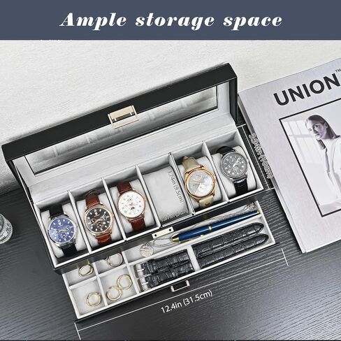 منظم صندوق ساعة ProCase للرجال، حافظة عرض للساعة ذات 6 فتحات مع درج، حامل علبة ساعة للرجال، 6 صناديق ساعات مزدوجة الطبقات للمجوهرات وحقيبة تخزين للساعات مع غطاء زجاجي - إسبريسو in Kuwait