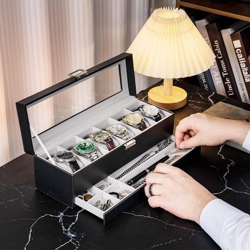 منظم صندوق ساعة ProCase للرجال، حافظة عرض للساعة ذات 6 فتحات مع درج، حامل علبة ساعة للرجال، 6 صناديق ساعات مزدوجة الطبقات للمجوهرات وحقيبة تخزين للساعات مع غطاء زجاجي - إسبريسو in Kuwait