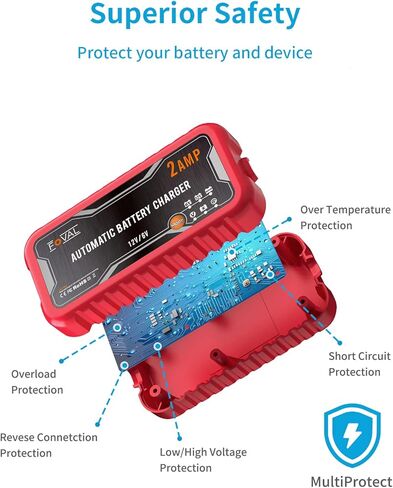 [عبوة من قطعتين] شاحن بطارية سيارة FOVAL 2 أمبير، شاحن ذكي أوتوماتيكي محمول 6 فولت و12 فولت، حافظ البطارية، شاحن هزيلة ومزيل كبريتات البطارية لجزازة العشب والدراجات النارية وبطاريات الرصاص الحمضية in Kuwait