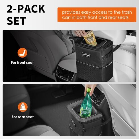 هوتور سلة مهملات للسيارة - عبوة من قطعتين، ملحقات السيارة المثالية للداخل، منظمات سيارة مانعة للتسرب وصندوق تخزين للمقاعد الامامية والخلفية، منظم سيارة مع اشرطة قابلة للتعديل، مشابك مغناطيسية، اسود in Kuwait