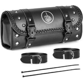 Motorcycle Tool Bag, Universal PU Leather Motorcycle Fork Bag Saddlebags Handlebar Bag Sissy Bar Storage Tool Bag Compatible with Honda Kawasaki Suzuki Yamaha Sportster (Black-1)