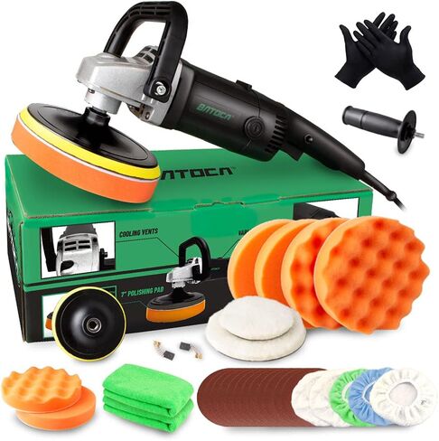 ملمع باتوكا - ملمع سيارة دوار - آلة شمع، مجموعة تفاصيل السيارة، 7 بوصة 180 مم / 1200 وات، 6 سرعات متغيرة تصل إلى 3000 دورة في الدقيقة مع وسادات إسفنجية، وسادات صوف لمخازن السيارات وملمعاتها in Kuwait