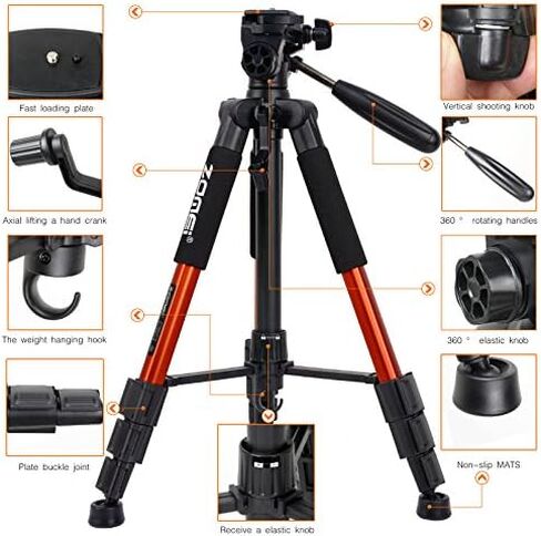 حامل ثلاثي للكاميرا صغير الحجم وخفيف الوزن للسفر من الألومنيوم Q111 مقاس 55 بوصة لكاميرا Canon Nikon Sony DSLR وهاتف YouTube مع حقيبة حمل (برتقالي) in Kuwait