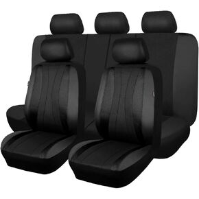 Flying Banner car seat Covers Full Set Faux Leather Air Mesh Breathable Man Lady Airbag Compatible Rear Bench Split 40/60 50/50 60/40 Truck Pick Up (Full Set - High Back, Black Black)