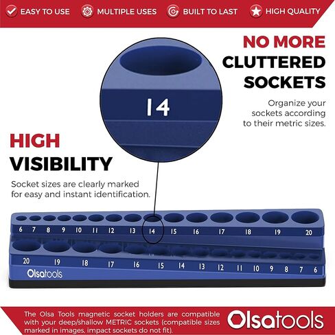 Olsa Tools Magnetic Socket Holder | 1/2-inch Drive | Metric | Purple | Holds 19 Sockets | Professional Quality Tools Organizer in Kuwait