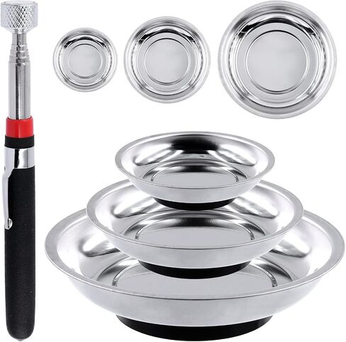 Tanstic 4Pcs Round Magnetic Trays Set with Magnetic Pick Up Tool, 3" 4" 6" Stainless Steel Magnet Trays Tools Parts Tray Holder, Telescoping Pick Up Tool Telescopic Magnet Stick for Metal Parts in Saudi Arabia