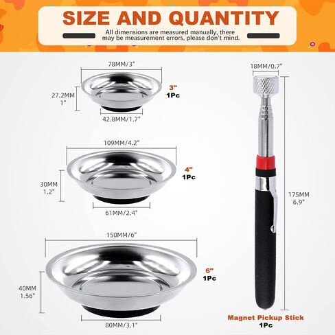 Tanstic 4Pcs Round Magnetic Trays Set with Magnetic Pick Up Tool, 3" 4" 6" Stainless Steel Magnet Trays Tools Parts Tray Holder, Telescoping Pick Up Tool Telescopic Magnet Stick for Metal Parts in Saudi Arabia