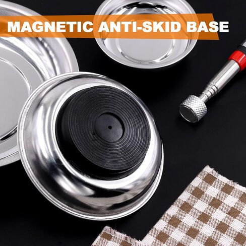 Tanstic 4Pcs Round Magnetic Trays Set with Magnetic Pick Up Tool, 3" 4" 6" Stainless Steel Magnet Trays Tools Parts Tray Holder, Telescoping Pick Up Tool Telescopic Magnet Stick for Metal Parts in Saudi Arabia