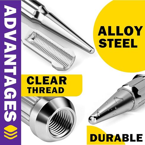 M14x1.5 سبايك العروة المكسرات 24 قطعة، الكروم مسننة العروة الجوز مع مفتاح المفتاح لشيفي سيلفرادو 1500 جي إم سي سييرا يوكون تاهو فورد F150، 14 مم × 1.5 الجوزة المعادن الصلبة شاحنة العروة الجوز عجلة الملحقات in Kuwait