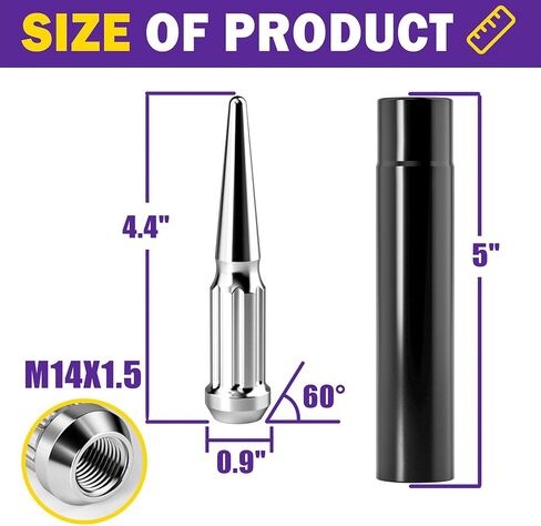 M14x1.5 سبايك العروة المكسرات 24 قطعة، الكروم مسننة العروة الجوز مع مفتاح المفتاح لشيفي سيلفرادو 1500 جي إم سي سييرا يوكون تاهو فورد F150، 14 مم × 1.5 الجوزة المعادن الصلبة شاحنة العروة الجوز عجلة الملحقات in Kuwait
