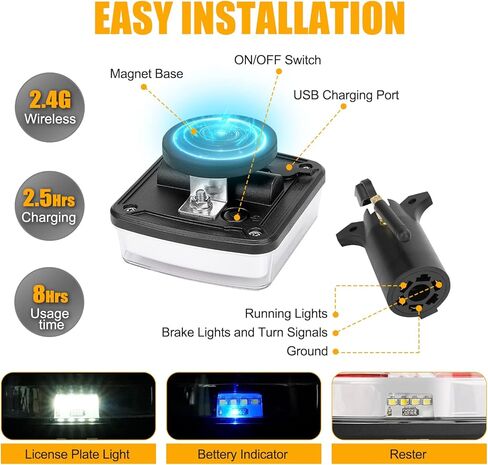 مجموعة أضواء المقطورة المغناطيسية اللاسلكية من كافوبار، ضوء سحب قابل لإعادة الشحن مع جهاز إرسال 7 إلى 4 اتجاهات للشاحنات والمقطورات وRVs وسيارات الدفع الرباعي والتخييم قطعتين in Kuwait