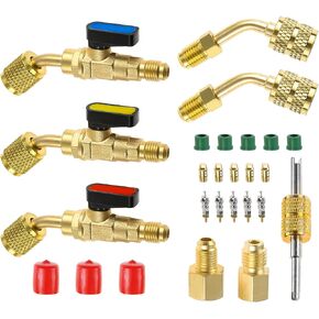 Air Conditioning Refrigerant Angled Ball Valve 1/4" SAE for R410A R134A R12 R22 AC HVAC with 5/16" SAE R410A Adapter, R134A Refrigerant Adapter, Valve Core Thimble and Remover for Mini Split System in Saudi Arabia
