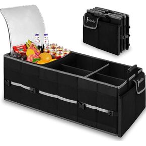Trunk Organizer With Built-In Insulated Leak Proof Cooler Bag,Collapsible Cargo Organizer For Suv With Non Slip Bottom Strips,3 Large Compartments Foldable Waterproof Portable Car Storage Box