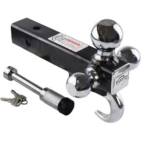 TOPTOW 64181L Trailer Receiver Hitch Triple Ball Mount with Hook, Black Balls, with Lock, Fits for 2 inch Receiver