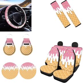 Animal Paw and Heart Symbol Print Car Seat Cover Set with Steering Wheel Cover + Auto Coasters + Keychains + Car Seat Belt Pads Cover Full Set 11 Pack Car Accessories for Women Men Gifts