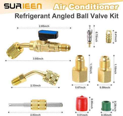 صمام كروي بزاوية مبرد لتكييف الهواء 1/4 بوصة SAE لـ R410A R134A R12 R22 AC HVAC مع محول SAE R410A مقاس 5/16 بوصة، ومحول تبريد R134A، كشتبان أساسي للصمام ومزيل لنظام تقسيم صغير in Saudi Arabia