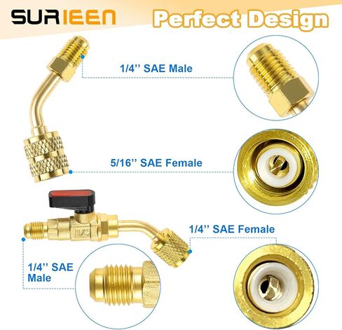 صمام كروي بزاوية مبرد لتكييف الهواء 1/4 بوصة SAE لـ R410A R134A R12 R22 AC HVAC مع محول SAE R410A مقاس 5/16 بوصة، ومحول تبريد R134A، كشتبان أساسي للصمام ومزيل لنظام تقسيم صغير in Saudi Arabia