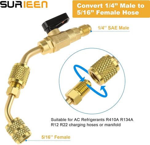 صمام كروي بزاوية مبرد لتكييف الهواء 1/4 بوصة SAE لـ R410A R134A R12 R22 AC HVAC مع محول SAE R410A مقاس 5/16 بوصة، ومحول تبريد R134A، كشتبان أساسي للصمام ومزيل لنظام تقسيم صغير in Saudi Arabia