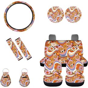 Beautiful Abstract Hippie Flower Car Seat Cover Protector with Steering Wheel Cover, Seatbelt Pads, Coasters, Keychains for Women Girls,Accessories Set of 11