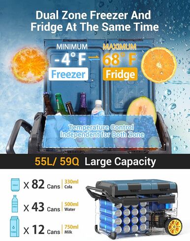 Rock&Rocker 12 Volt Car Refrigerator,59 Quart (55L) 12v Portable refrigerator,Car Fridge Freezer, -4℉-68 Car Cooler 12/24V DC and 100-240V AC for RV, Outdoor Camping APP Control in Saudi Arabia