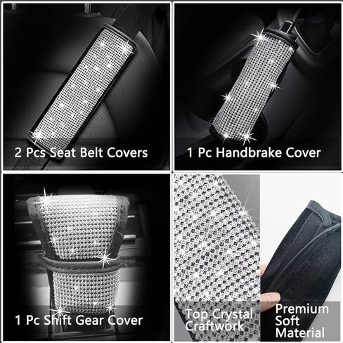 مجموعة إكسسوارات السيارة بلينغ 29 قطعة للنساء، زخرفة منفذ تهوية السيارة بلينغ، أغطية حزام الأمان بلينغ، غطاء فرامل اليد بلينغ، غطاء تروس السيارة بلينغ، شاحن سيارة بلينغ، قواعد السيارة بلينغ (أبيض) in Kuwait