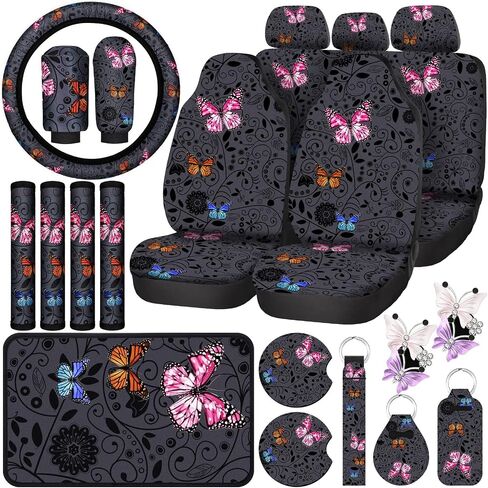 22 Pcs Butterfly Car Seat Covers for Women Butterfly Car Accessories Steering Wheel Cover Cute Butterfly Car Air Vent Clip Car Center Console Pad Cup Holder Seat Belt Pads Keychain for Most Car in Saudi Arabia