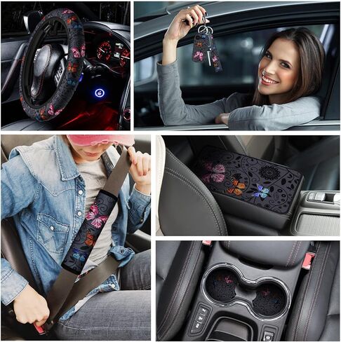 22 Pcs Butterfly Car Seat Covers for Women Butterfly Car Accessories Steering Wheel Cover Cute Butterfly Car Air Vent Clip Car Center Console Pad Cup Holder Seat Belt Pads Keychain for Most Car in Saudi Arabia
