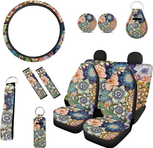 Colorful Abstract Hippie Flower Car Seat Covers for Women，12 Pack Aesthetic Boho Flower 70S Auto Seat Cover Accessory Decor Interior Sets with Auto Steering Wheel Cover Seatbelt Cup Pad Keychain in Kuwait