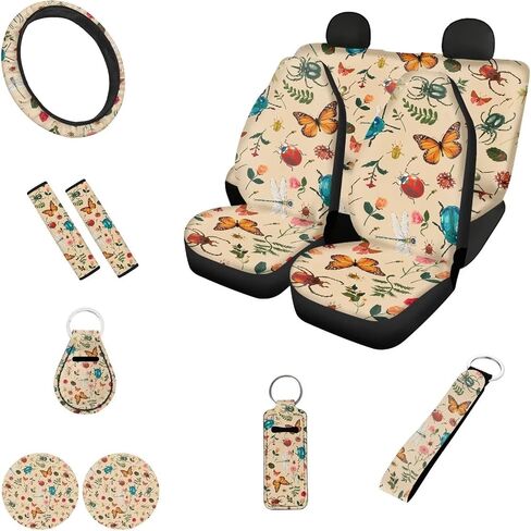 Colorful Abstract Hippie Flower Car Seat Covers for Women，12 Pack Aesthetic Boho Flower 70S Auto Seat Cover Accessory Decor Interior Sets with Auto Steering Wheel Cover Seatbelt Cup Pad Keychain in Kuwait